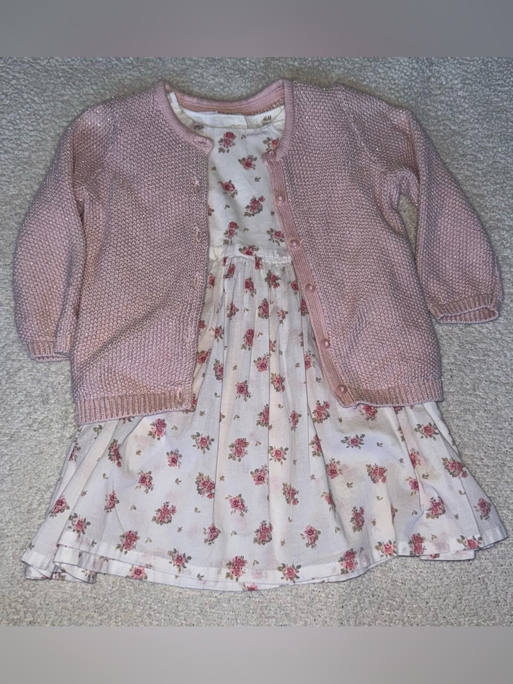 H&M Baby Girl Floral Dress & Sparkle Cardigan Set 12-18M Pink Outfit